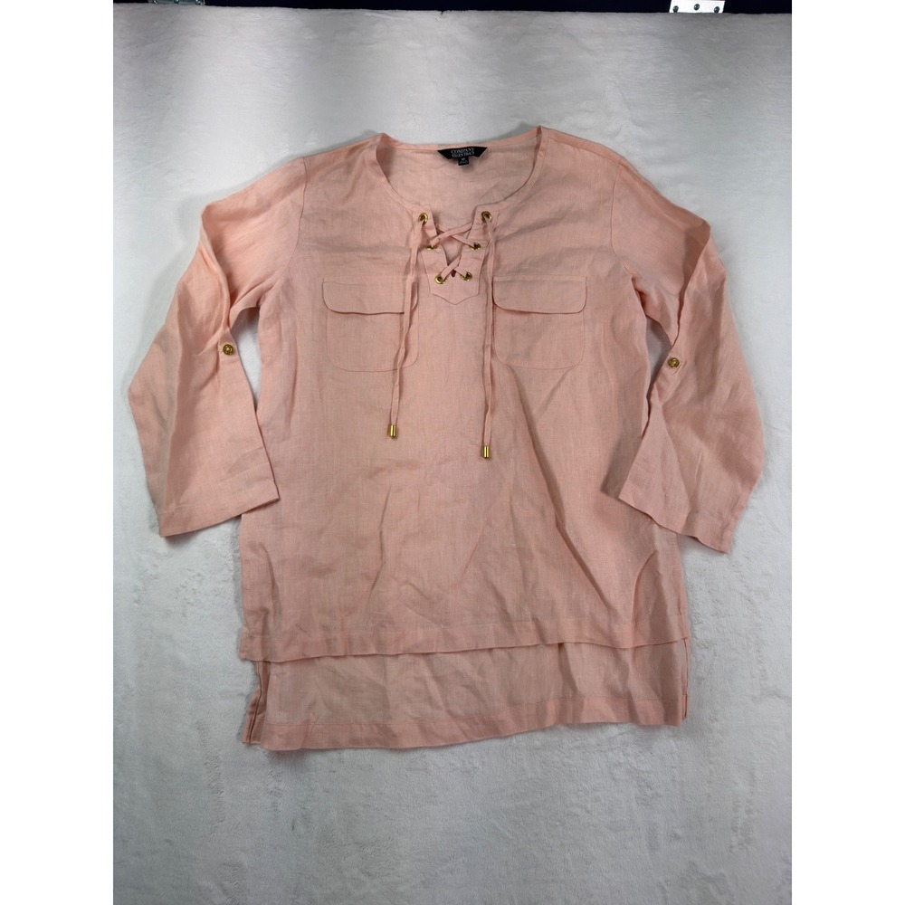 Company Ellen Tracy Pink Linen Lace Up Tunic Top Roll Tab Sleeve ECMS73038 Med